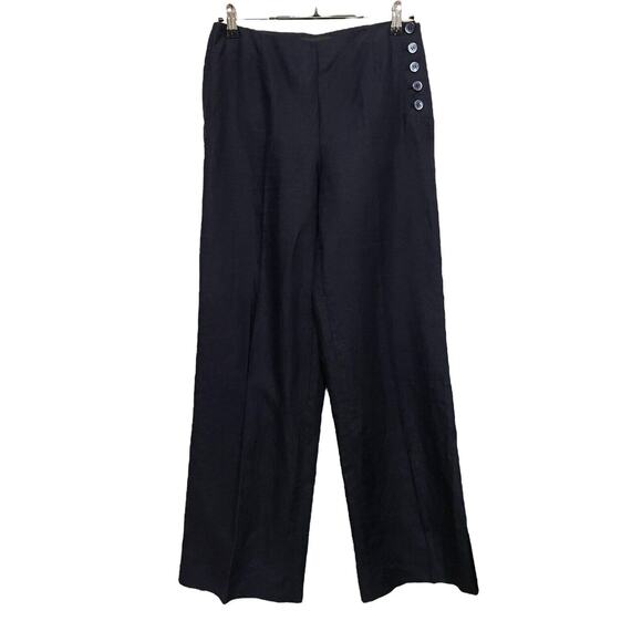 Talbots 100% Linen Wide Leg Pants Women Size 2 Navy Blue Nautical Button Classic - Picture 1 of 6